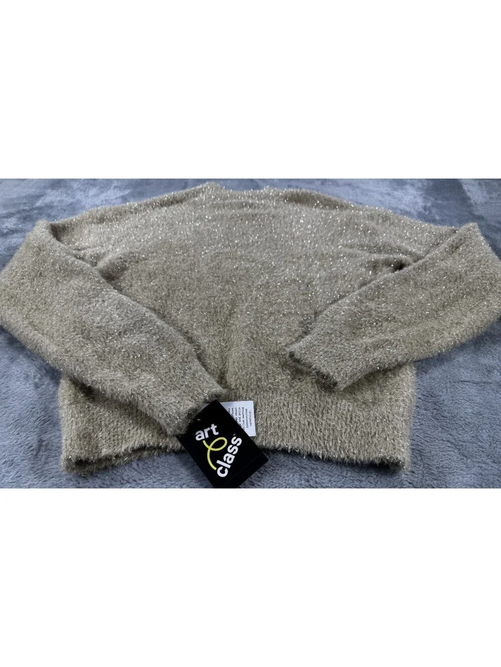 Art Class Long Sleeve Cropped Fuzzy Sweater Large 10/12 Gold Metallic Finish NWT